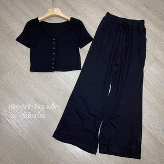set quần ống loe áo croptop đen