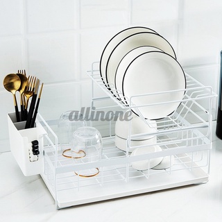 (41.5x26.8x29cm) 2-Tier Dish Bowls Kitchen Supplies Storage Shelf with Utensil Holder and Water Tray Tableware Storage Drainer Dish Drying Rack Organizer