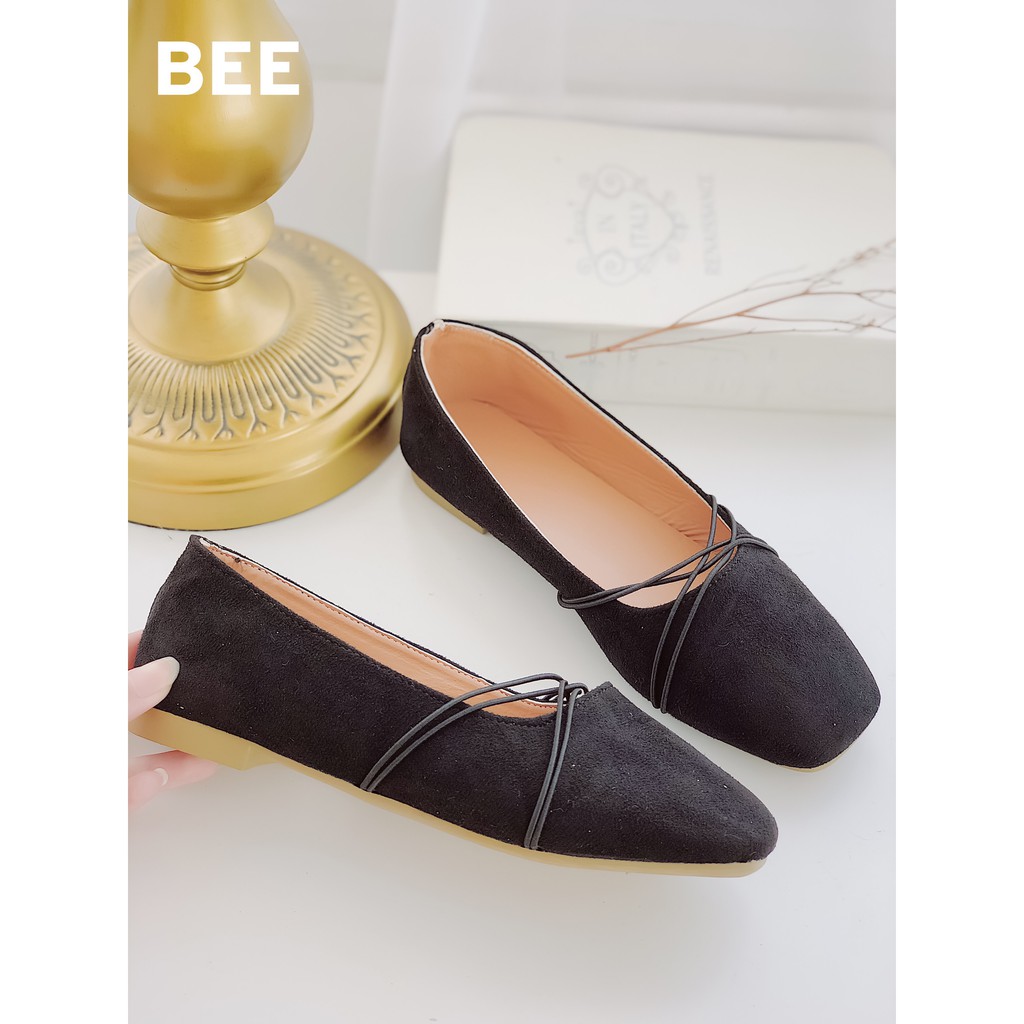 BEESHOES - GIÀY BÚP BÊ NỮ MŨI VUÔNG DẾ BẰNG ĐI SIÊU ÊM SIÊU MỀM - GIÀY BÚP BÊ NỮ QUAI ĐAN ĐI ÔM CHÂN  MÀU ĐEN-BE