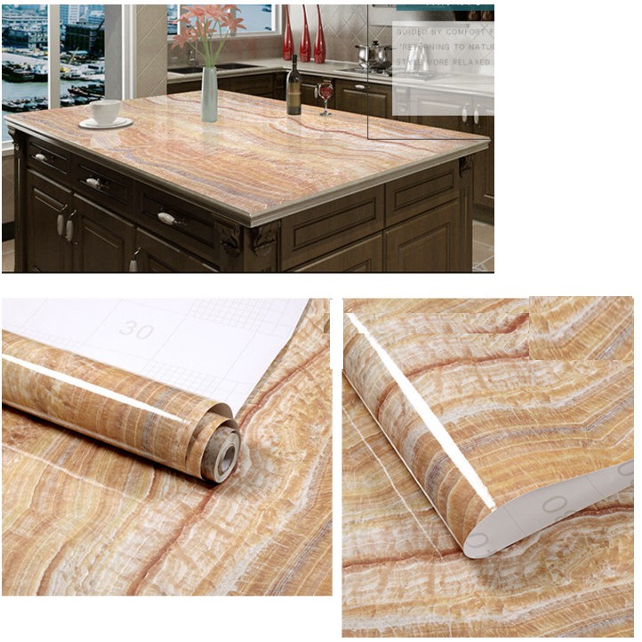 Decal giấy dán tường giả đá hoa cương sọc vàng lớn khổ 60cm keo sẵn