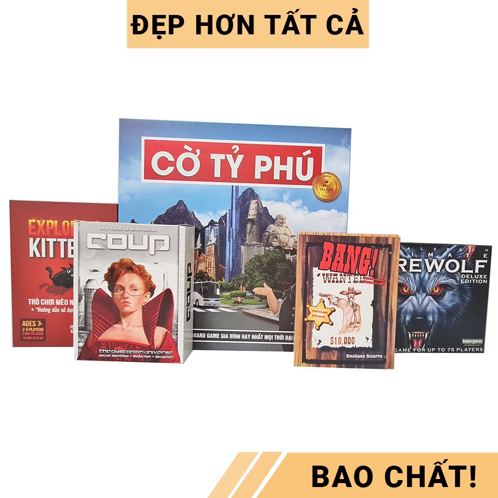 [COMBO 5 IN 1] Trò chơi Cờ Tỷ Phú loại xịn + Bài Ma sói Ultimate 78 lá + Bài Mèo nổ + Bài Bang + Bài Coup