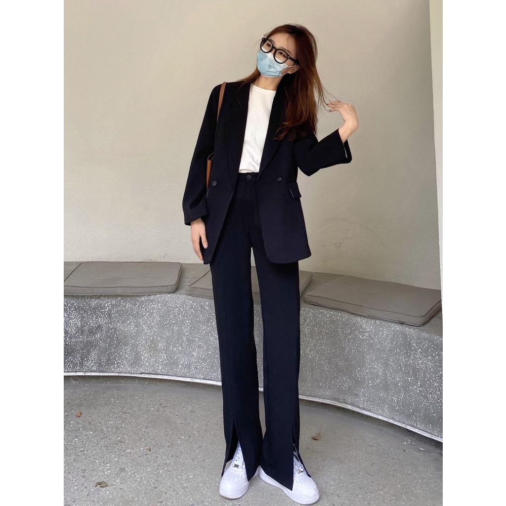 Quần Dài Lưng Cao Ống Rộng Màu Đen Phong Cách Retro Hàn Quốc Cho Nữ