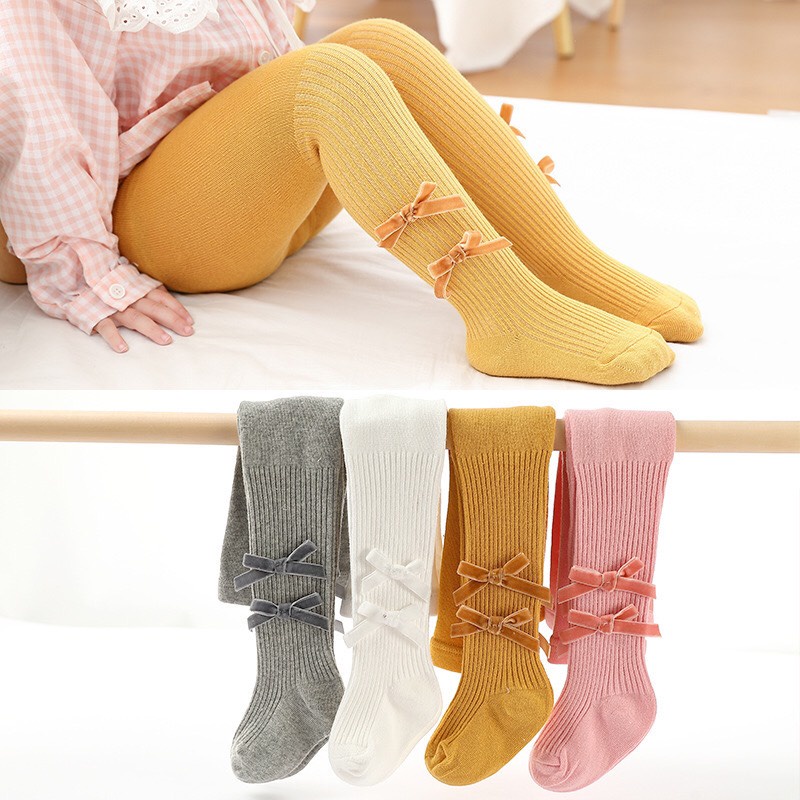 Quần tất liền bàn đính 2 nơ cho bé gái 0-6 tuổi- Chất mỏng vừa mặc trời nhu, lạnh nhẹ