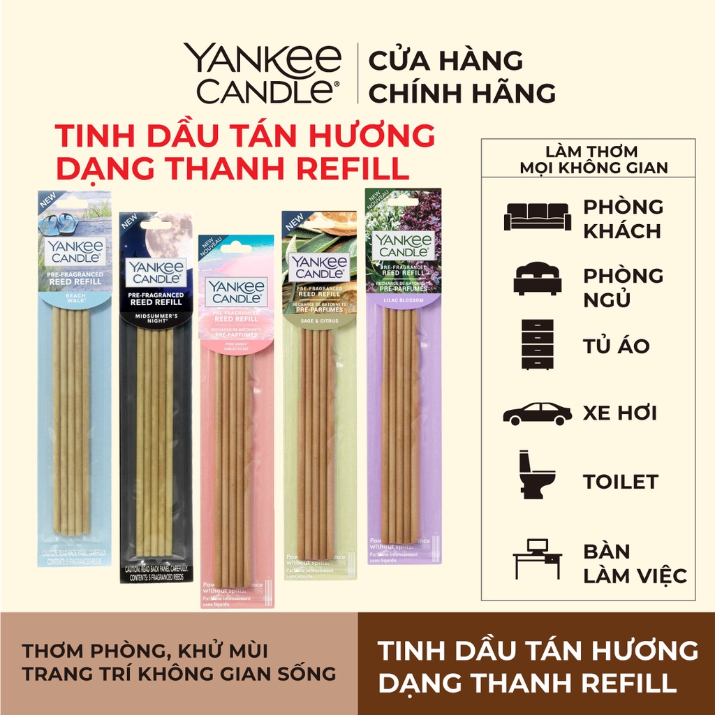 Refill Tinh dầu tán hương dạng thanh Yankee Candle có 4 mùi tùy chọn (gồm 5 thanh tán hương, không kèm lọ)