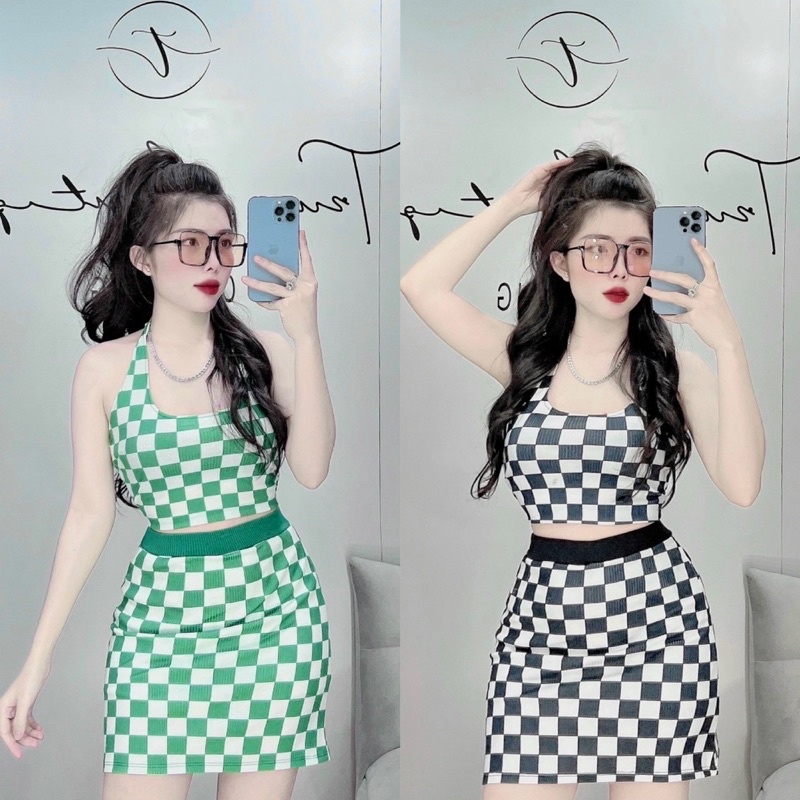 Set Chân Váy Áo Yếm Kẻ Ô