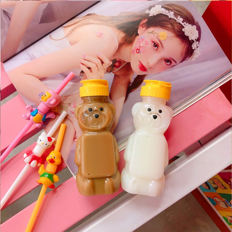 Bình đựng nước hình gấu hoạt hình đáng yêu có nắp và ống hút tái sử dụng 250ml