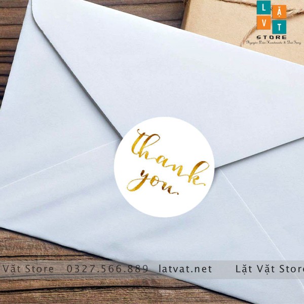Cuộn 500 tem Decal Cảm ơn khách hàng loại nhũ vàng nền trắng - tem thank you dễ thương