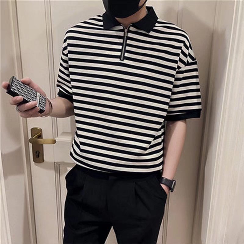 Áo Thun Polo Tay Ngắn Kẻ Sọc Màu Đen Size M-3XL Thời Trang Cho Nam