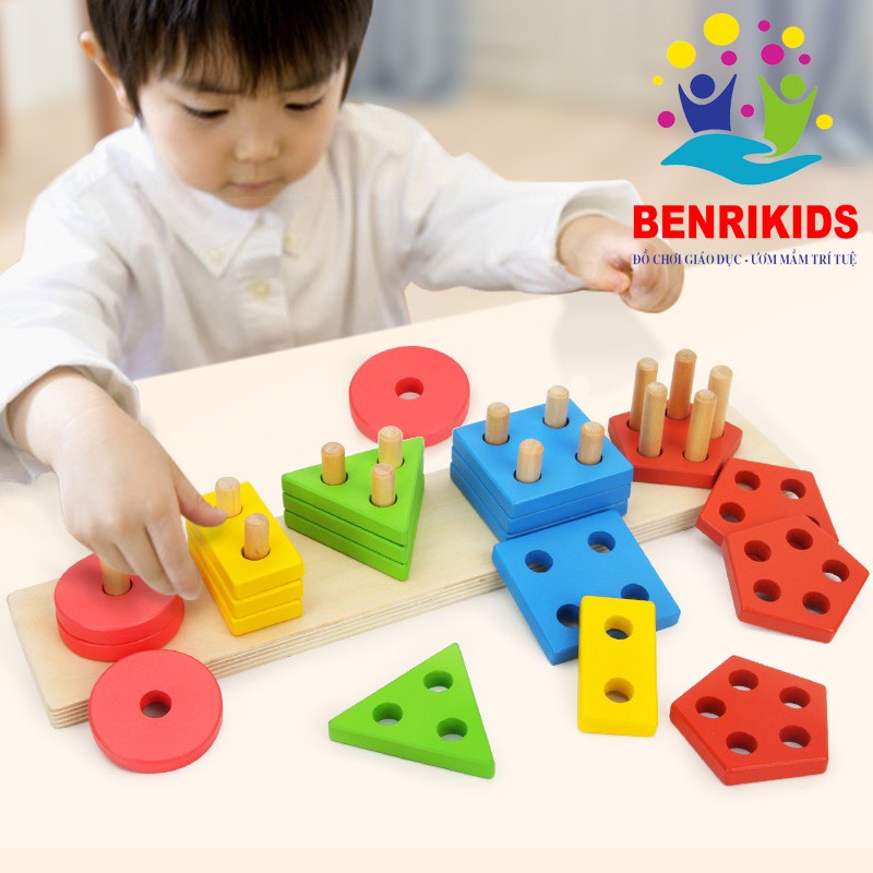 Đồ Chơi Montessori Bằng Gỗ Đồng Hồ Xâu Dây Và Thả Hình Khối Trên Thanh Giúp Bé Học Phân Biệt Màu Sắc Khối BR02X