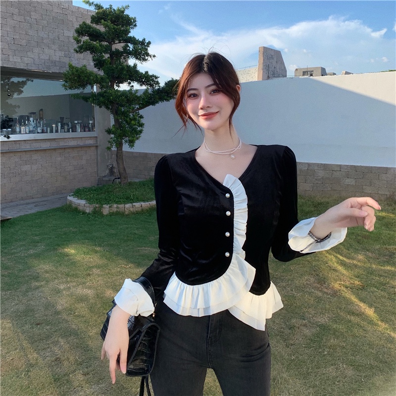 Áo nhung tay dài phối bèo thời trang mùa đông dễ phối đồ