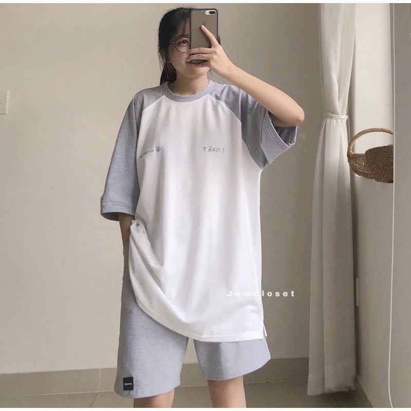 Sét bộ thể thao pha tay viền cổ kèm quần đùi dáng unisex