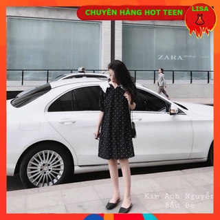 Váy chấm bi đen cổ bèo - đầm suông chấm bi cổ v ulzzang - lisa👗shop