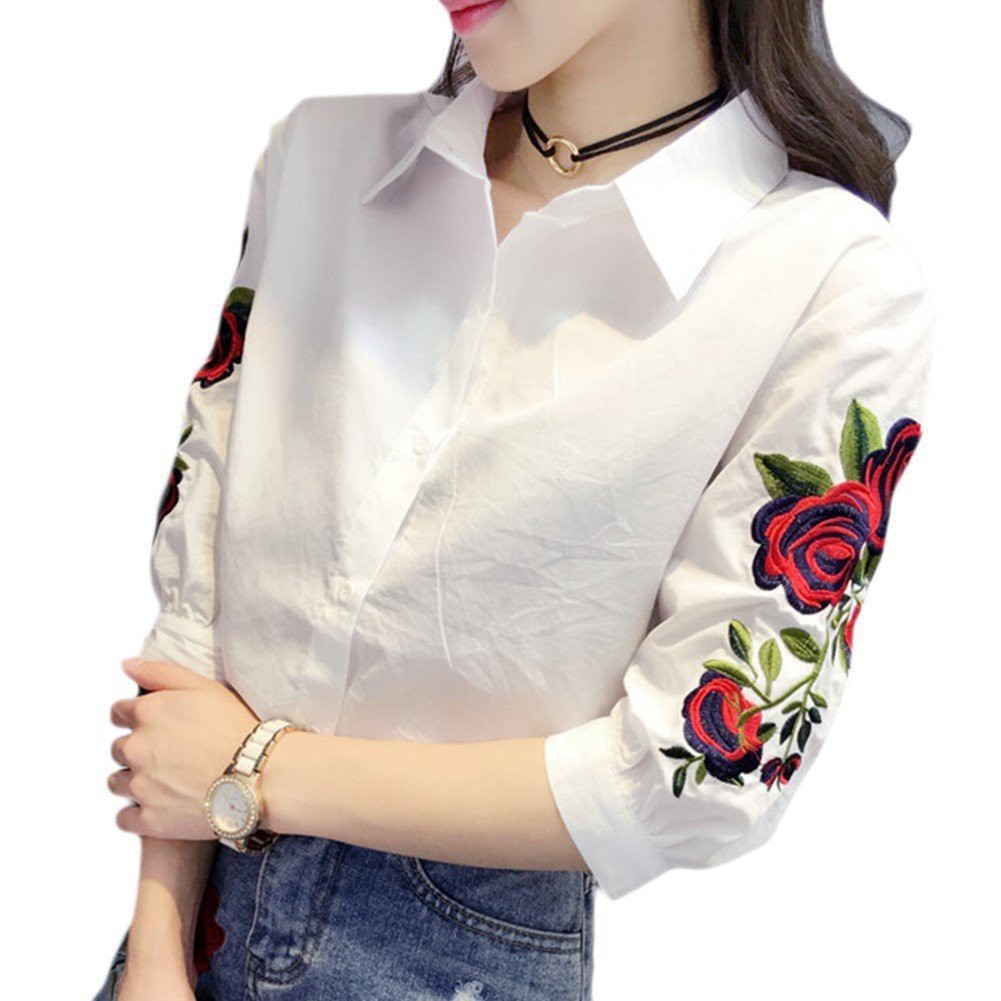 Áo sơ mi trắng thêu hoa hồng đỏ 2 bên tay thời trang cho nữ