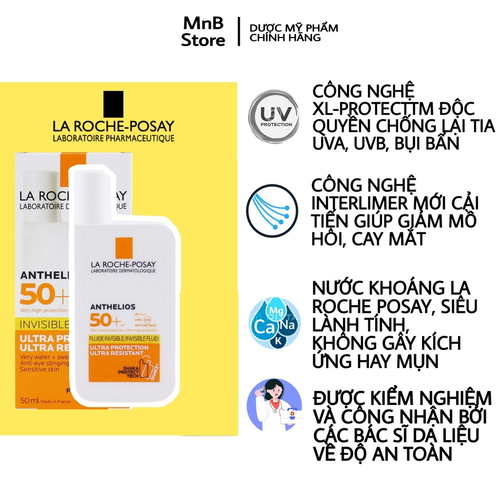 Kem chống nắng dạng sữa lỏng nhẹ không nhờn rít La Roche-Posay Anthelios Invisible Fluid SPF 50+ 50ml [MẪU MỚI 2021]