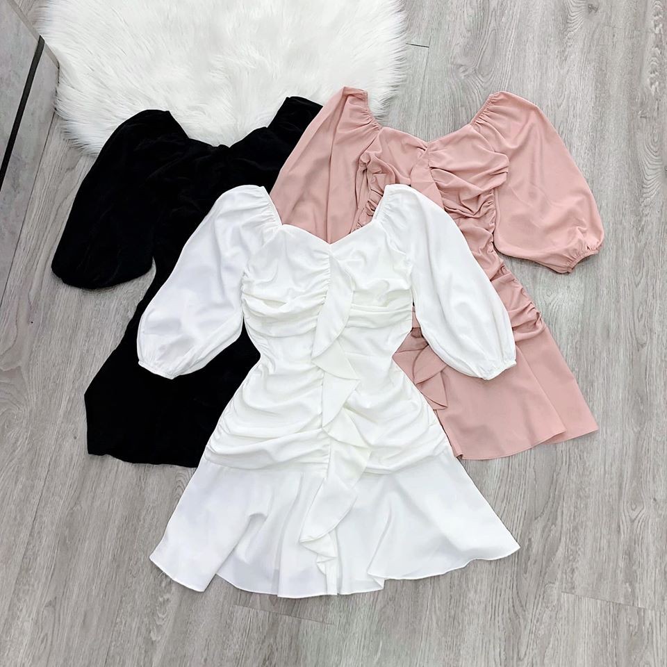 Đầm trắng nhún tay phồng siêu xinh kèm ảnh thật