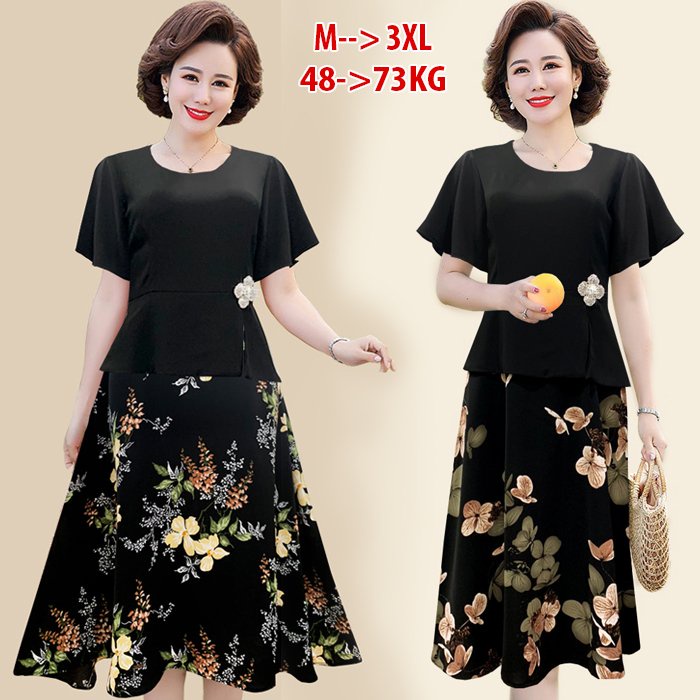 45-70kg - Đầm Trung Niên Sang Trọng Thiết Kế Cho Mẹ Dáng Xòe Họa Tiết Đính Phụ Kiện - Kích Thước BigSize 3349 3330 3340