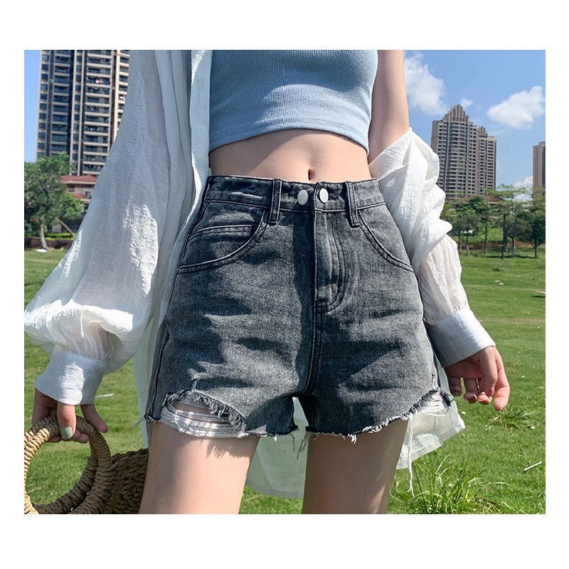 Quần jean lưng cao quần short nữ Quần Short Denim Lưng Cao Ống Rộng Phong Cách Hàn Quốc Cho Nữ