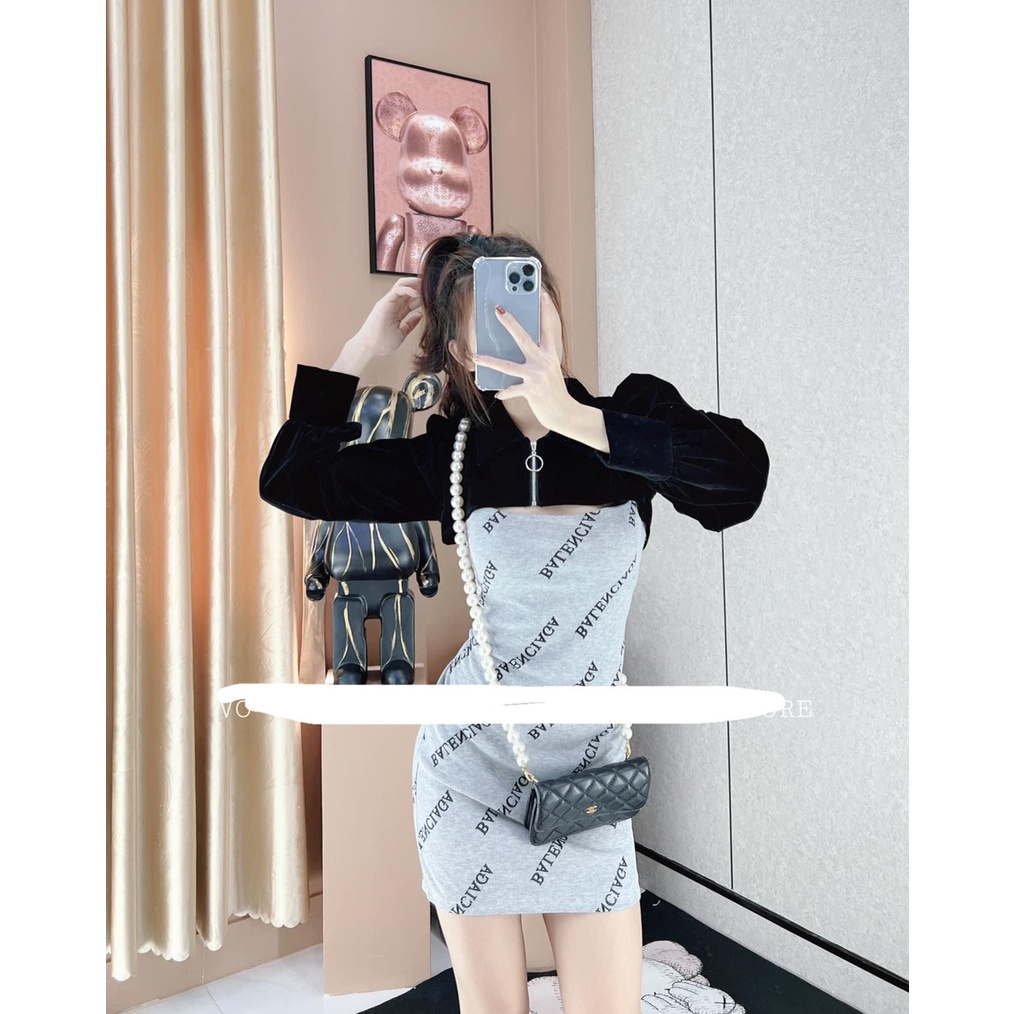 [Mã 44FASHIONSALE1 giảm 10K đơn 50K] Set váy áo khoác nhung mix váy body 2 dây khóa siêu tôn dáng TH022