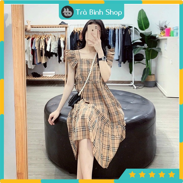 Váy bầu kẻ sọc caro Đầm cổ vuông tay cánh tiên chất thô đẹp sang chảnh