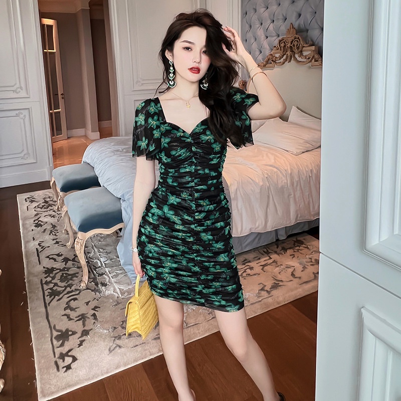 ZYHT  Đầm Hoa Dáng Ôm Màu Xanh Lá Phong Cách Hàn Quốc Thời Trang Đi Biển 10147