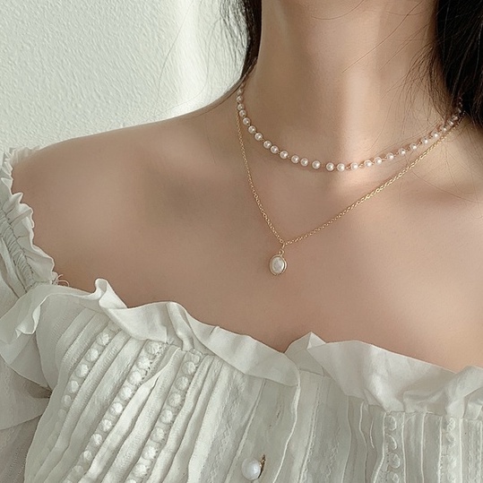 Vòng cổ Hai Lớp Đính Ngọc Trai Sang Trọng Phiên Bản Hàn Quốc