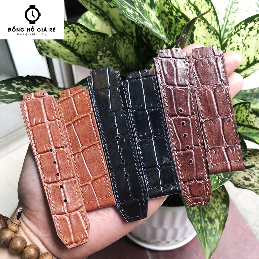 Dây đồng hồ Hublot nam, cao cấp thủ công da bò dập vân cá sấu size19 x 25 x 22mm