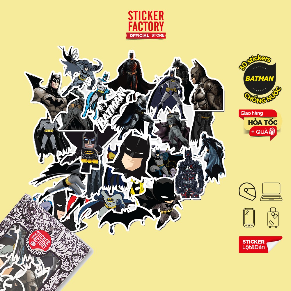 Hộp set 30 sticker decal hình dán nón bảo hiểm , laptop, xe máy, ô tô STICKER FACTORY - Batman