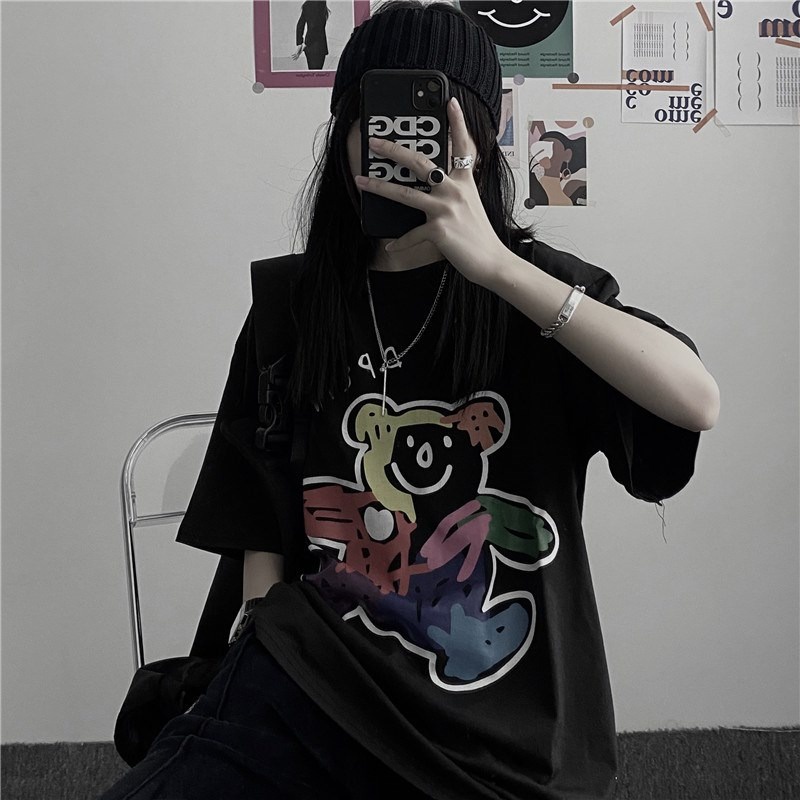 NRVP Áo thun tay lửng cổ tròn mềm mại in họa tiết phong cách Hàn Quốc thời trang tùy chọn màu sắc cho nữ