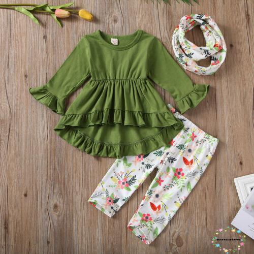 Bộ 3 món đầm nhún bèo + quần phối hoa + khăn choàng cổ phong cách thời trang cho bé gái