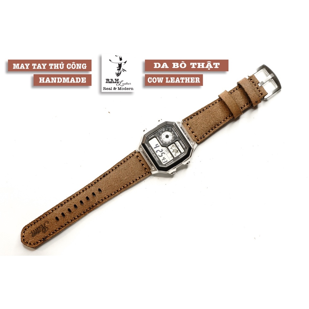 Dây đồng hồ RAM Leather 1960 cho CASIO 1200, AE 1200, 1300, 1100, A159 , A168 , Size 18 da bò lộn