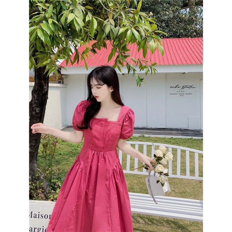 Đầm Tay Phồng Cổ Vuông Che Bụng Thời Trang Mùa Hè Pháp Cho Nữ