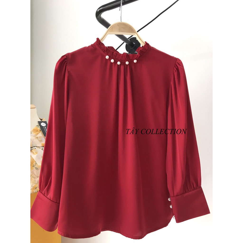 Áo sơ mi phối cổ nút ngọc chất liệu lụa satin thiết kế Tây Collection