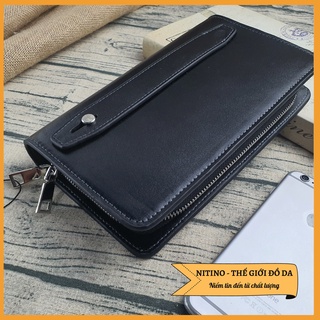Clutch cầm tay da bò, ví dài handmade nam nữ cao cấp 2 khóa kéo đựng được điện thoại CL03