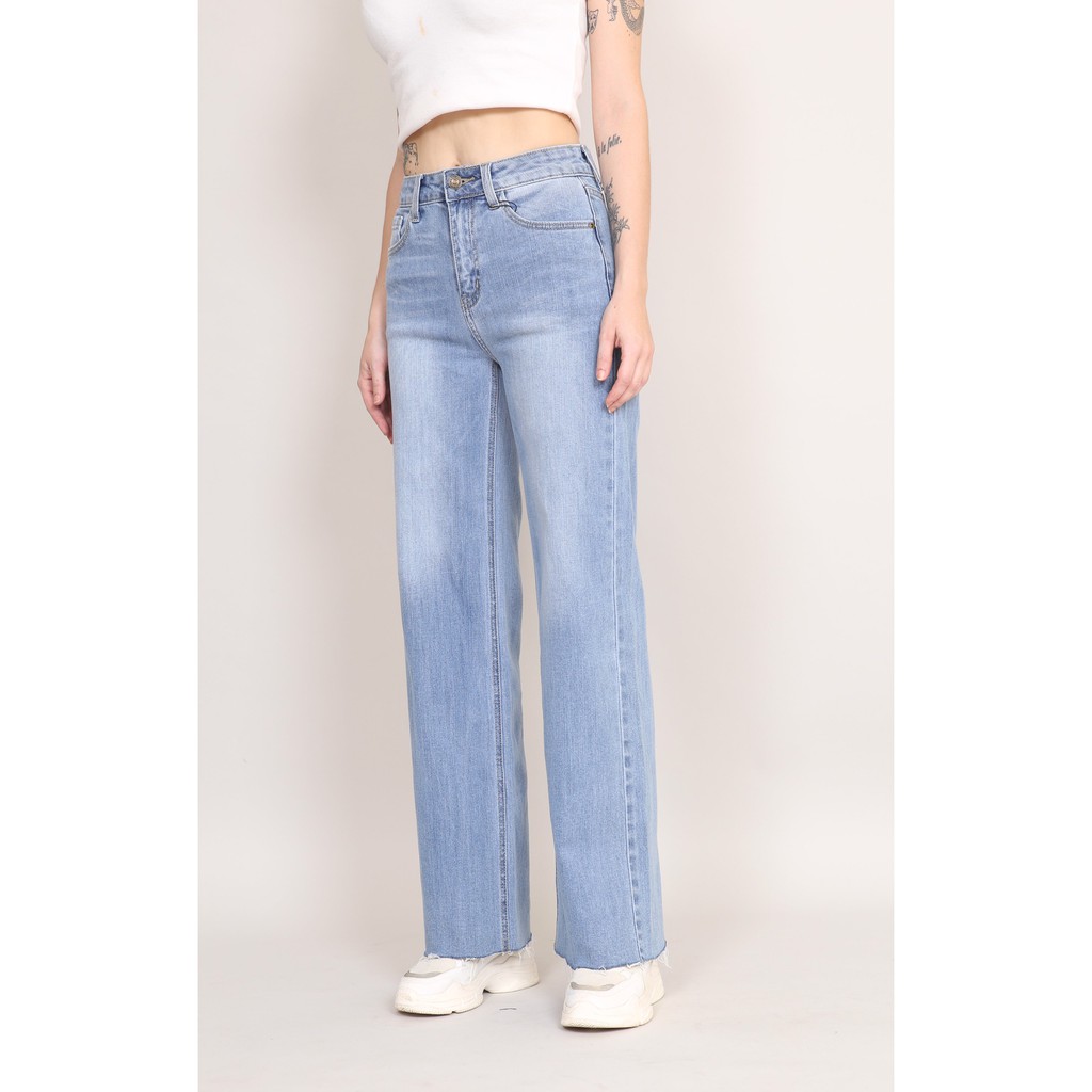 Quần jean nữ ống rộng cạp cao co giãn gấu tự do gấu dáng dài CT JEANS