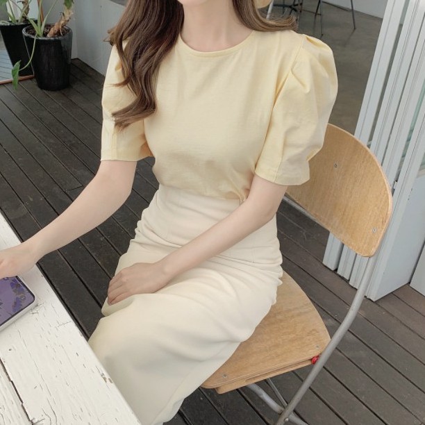 Set Áo Kiểu Tay Phồng + Chân Váy Dài Lưng Cao Thời Trang Thoải Mái Cho Nữ 43792