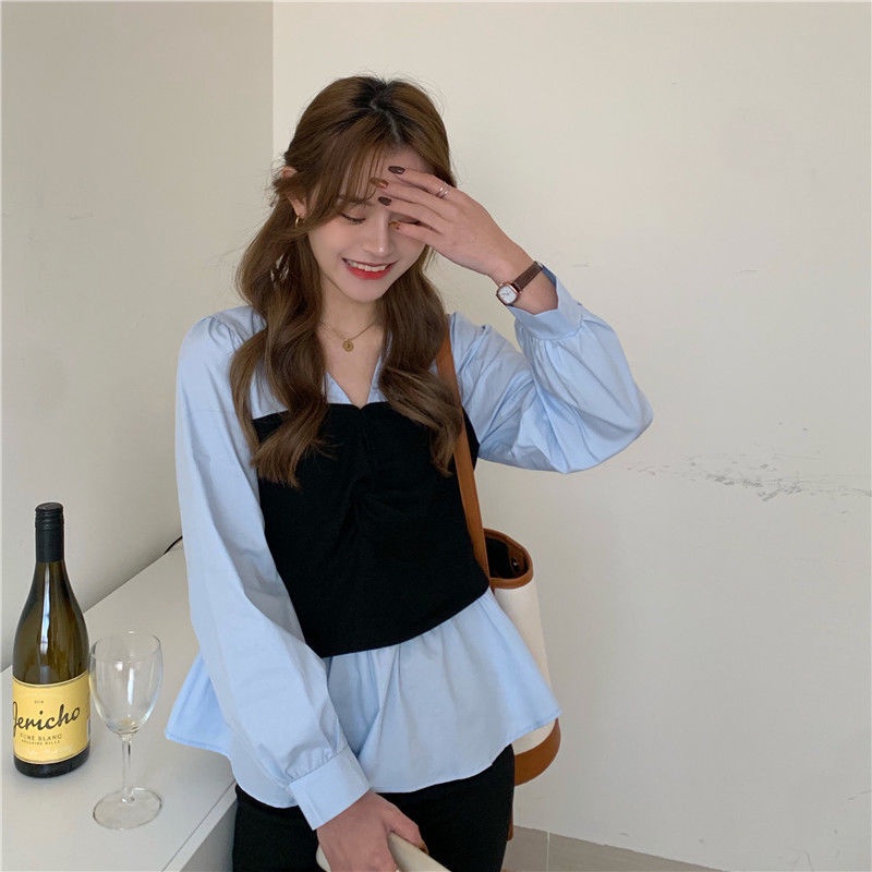 Áo Sơ Mi Tay Dài Giả Hai Lớp Phối Màu Tương Phản Thời Trang 2022 Cho Nữ
