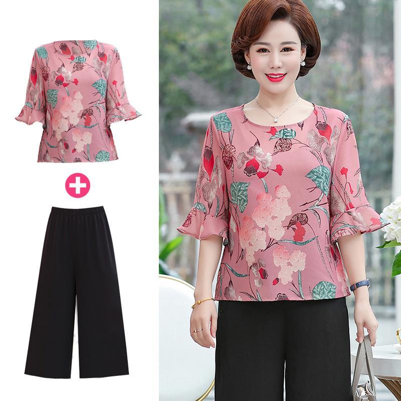 Set áo thun ngắn tay và quần lửng vải voan thời trang mùa hè mới cho phụ nữ trung niên