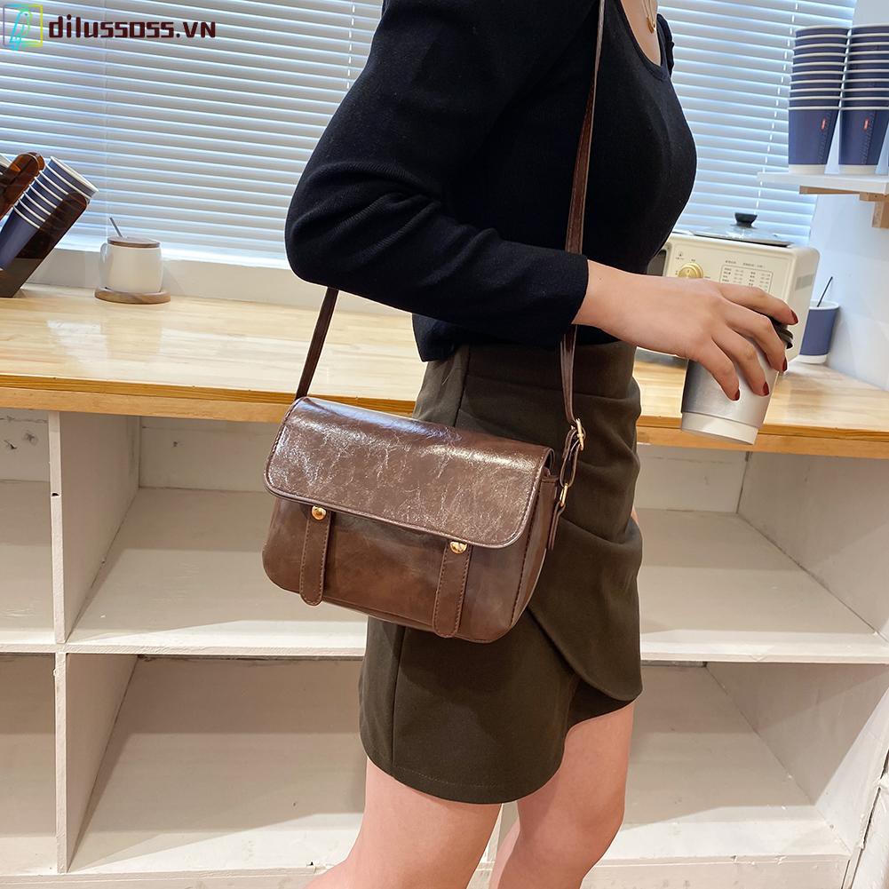 [DILUSSOSS] Túi đeo vai  Retro Leather Flap Bags Pure Color Women Messenger Shoulder Totes Handbags