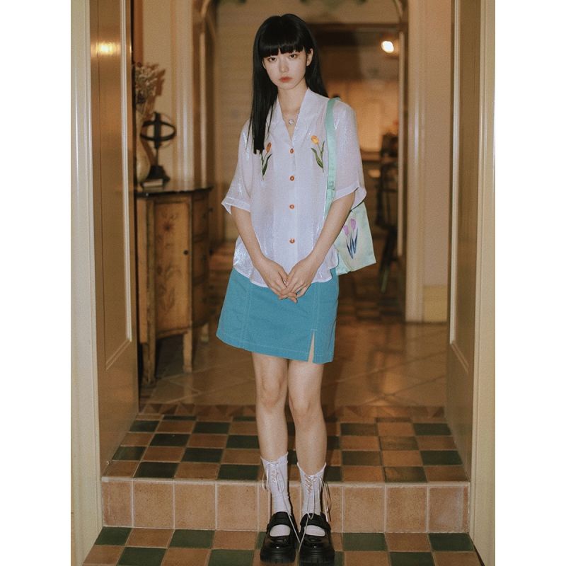 Áo Sơ Mi Tay Ngắn Thêu Hoa Tulip Thời Trang Mùa Hè Cho Nữ Size S-L 2 Kiểu