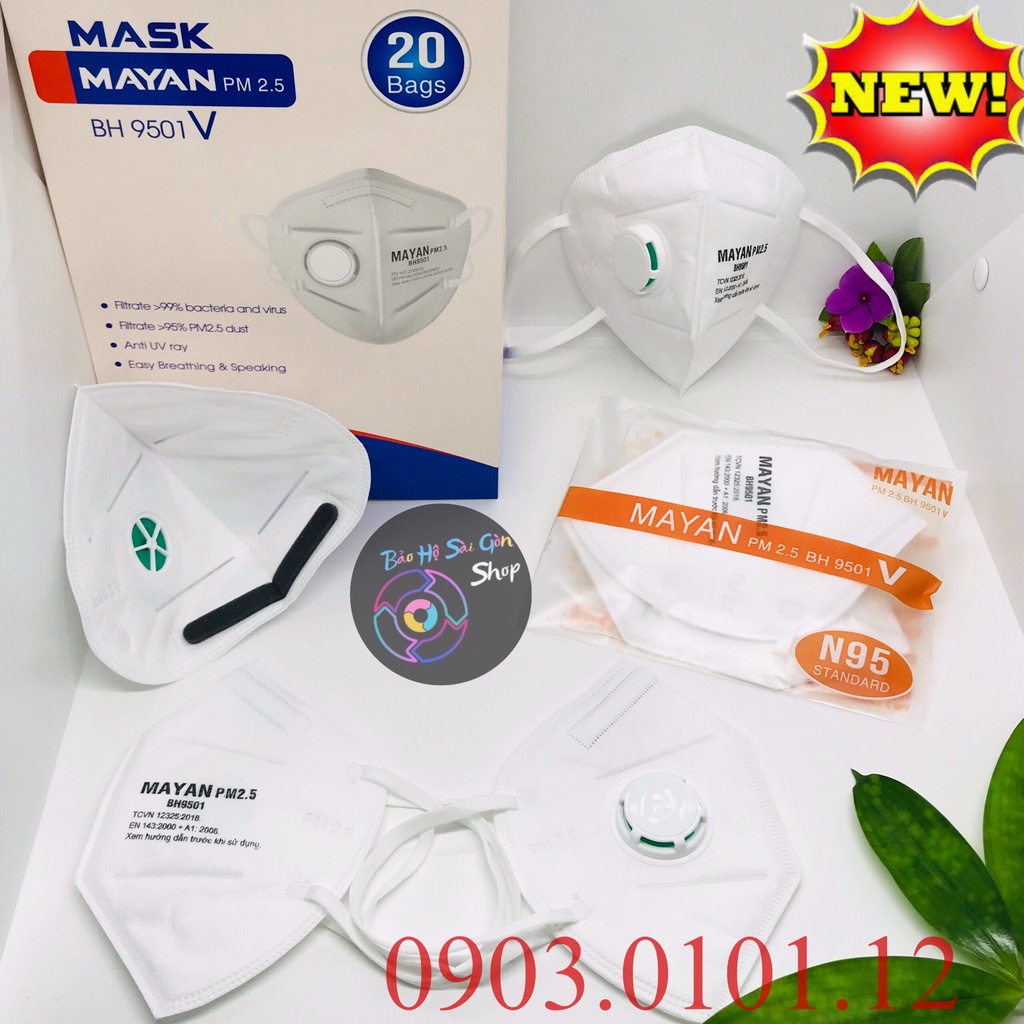 Khẩu trang n95 có van thở đệm mũi (set 10 cái), Kn95 chính hãng Mayan pm2.5 BH9501v lớp lọc kháng khuẩn than hoạt tính