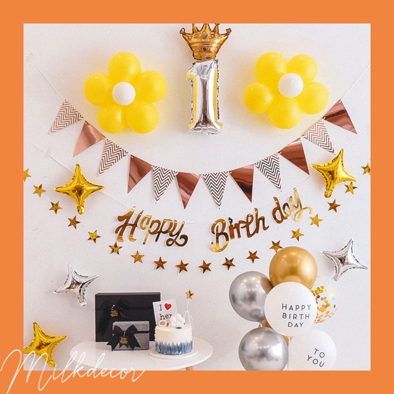 {Tặng dây garland ngôi sao 4m} Set bóng bay trang trí sinh nhật Style Hàn Quốc Vintage HF01