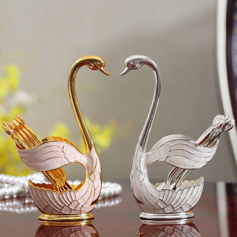 Bộ 6 Muỗng Cà Phê Bằng Hợp Kim Kẽm Hình Thiên Nga Kèm Giá Đỡ