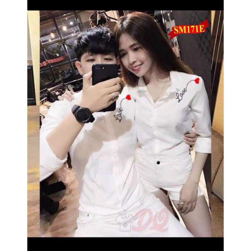 ÁO SƠ MI LỤA TRẮNG NAM NỮ LOVE SIÊU CUTE COUPLE THỜI THƯỢNG SANG CHẢNH