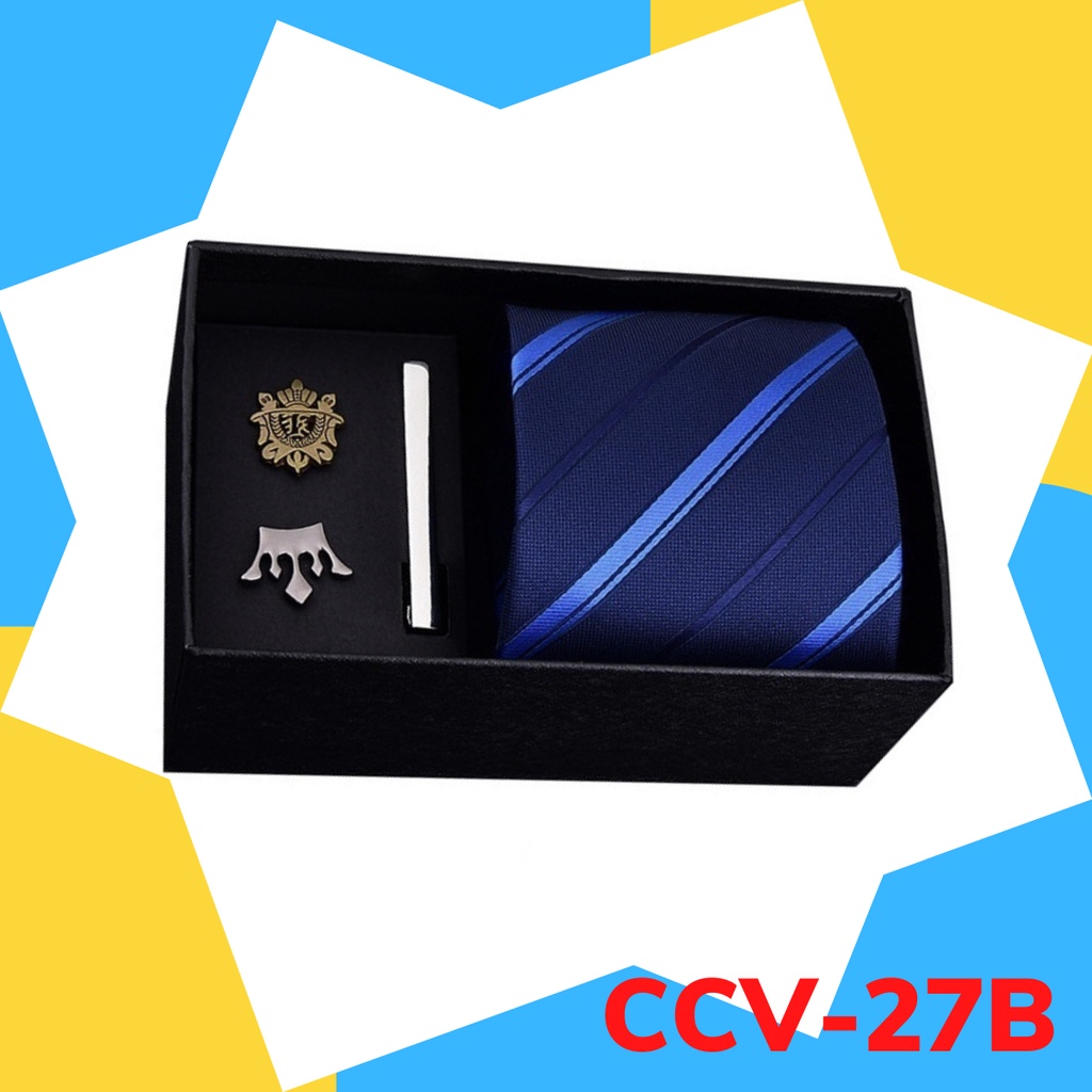 Set cà vạt bản to 8cm làm quà tặng cho Nam gồm cà vạt, kẹp cà vạt, ghim cài áo đóng hộp lịch sự CCV-27