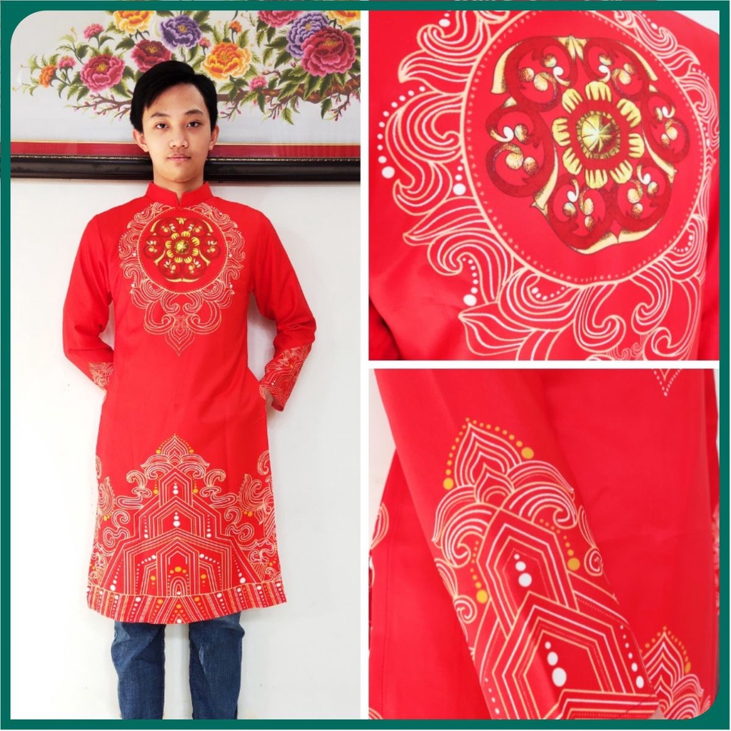 ÁO DÀI NAM CÁCH TÂN ĐỎ IN HOA VĂN TRUYỀN THỐNG ADCTNIHT-Đ1