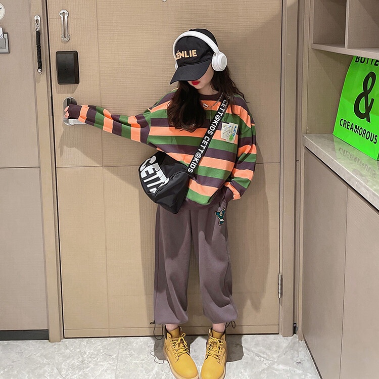 Bộ Đồ Thể Thao Hai Mảnh Gồm Áo Sweater Kẻ Sọc Và Quần Dài Thời Trang Cho Bé Gái 5-6 Tuổi 7-8 Tuổi 9-10 Tuổi 11-12 Tuổi