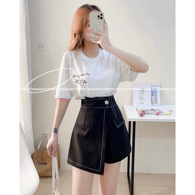 Quần GIẢ VÁY cạp cao trần CHỈ NỔI đen // Thiên Yết