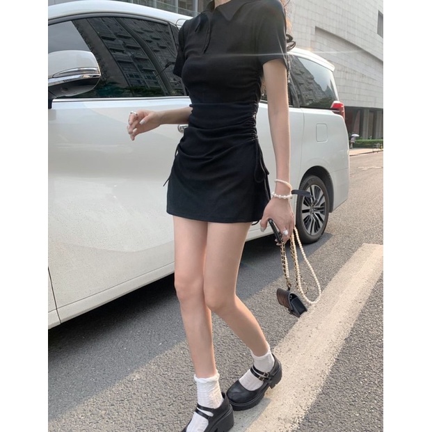 Váy body nữ, đầm  dây rút 2 bên hông cá tính màu hồng đen xanh
