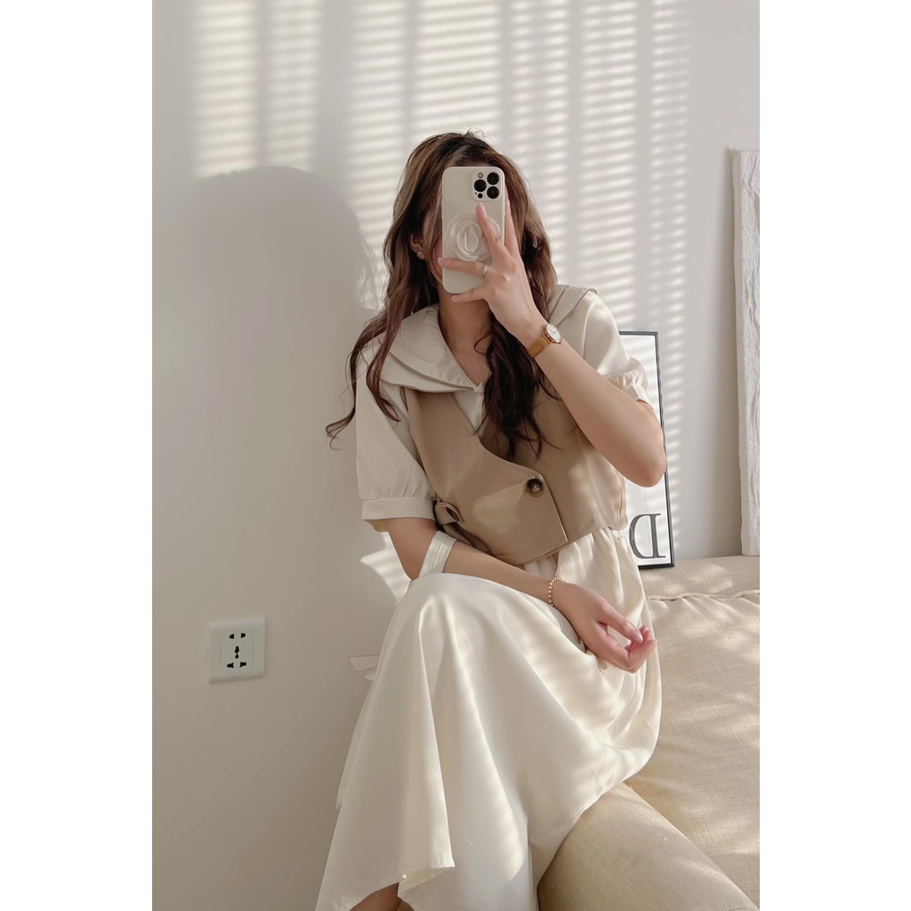 Váy dàng dài tiểu thư kèm áo gile, Đầm vintage dáng dài Hàn Quốc