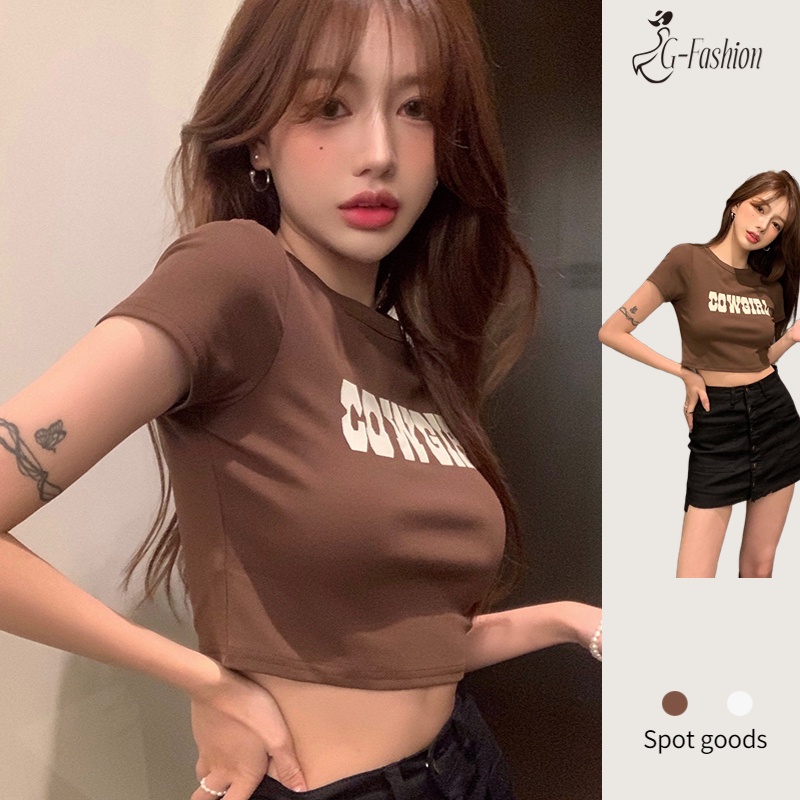 Áo Thun Croptop Tay Ngắn Dáng Ôm Màu Kaki Có In Chữ Tiếng Anh Thời Trang Hàn Quốc Mùa Hè 2022 Áo Nữ